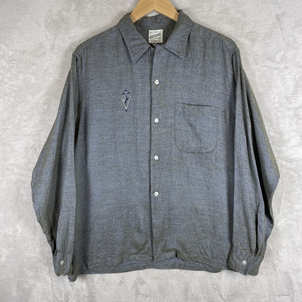 Vintage 1950s Rayon Loop Collar Shirt Mens Large National Fleck Crest Rockabilly